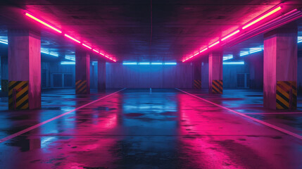 Grungy dark parking with red neon light, abstract underground garage background. Theme of modern concrete warehouse, interior, industry, technology