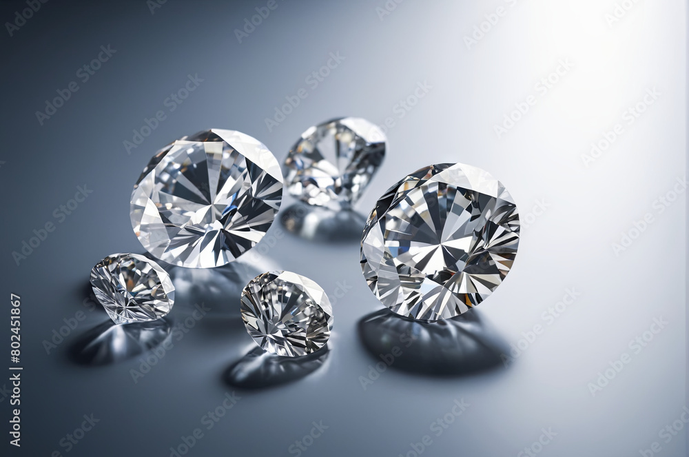 Poster multiple sparkling diamonds are arranged neatly on a flat surface like a table