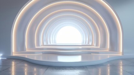 Circular podium in a bright, futuristic 3D environment, designed for interactive displays and innovative product showcases