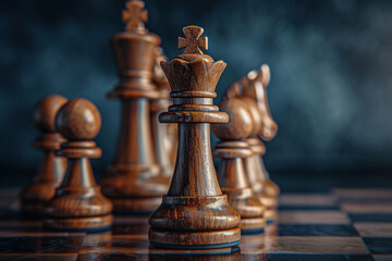 Chess pieces on chessboard on dark background