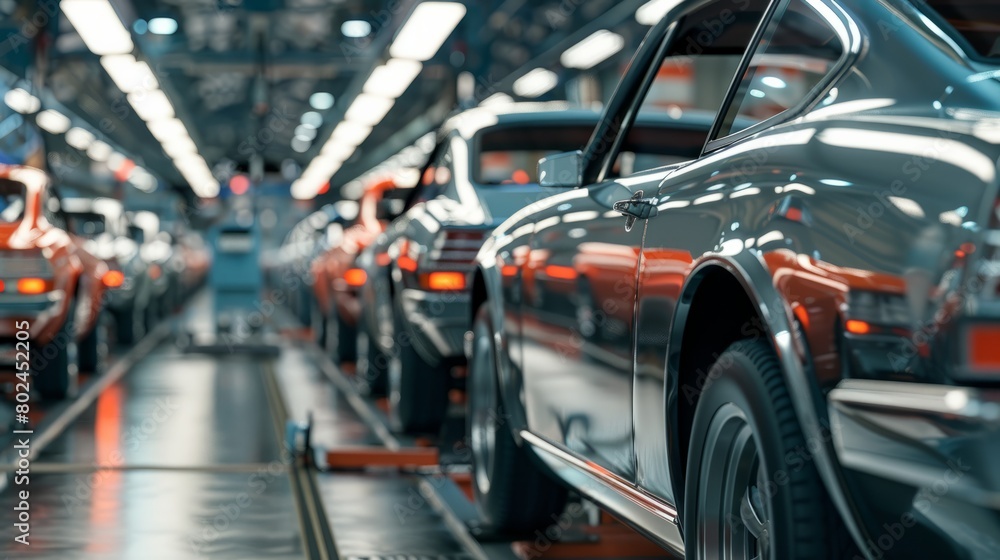 Poster auto assembly line of cars in a factory. generative ai hyper realistic