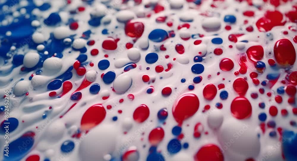 Poster mix of red white blue color paints with blended drops on fluid while forming abstract patterns again