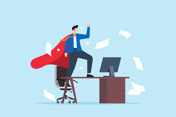 Superhero businessman finishes work at his desk in office, illustrating effective productivity. Concept of motivation to complete tasks, finding solutions, and overcoming challenges