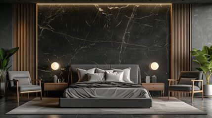 bedroom with black marble wall