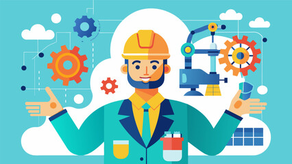 A neurodivergent engineer using their passion for mechanics and technology to design and construct groundbreaking machinery their creations shaping. Vector illustration
