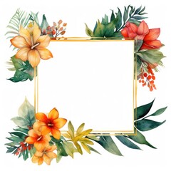 Botanical Floral Frame with Tropical Leaves and Flowers