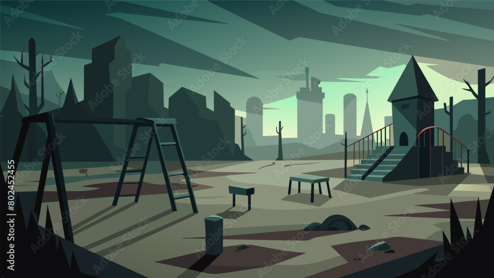 Aufkleber the deserted playground is filled with long shadows from the dilapidated structures creating an eeri