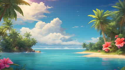 An idyllic tropical beach scene with palm trees, hibiscus flowers against a peaceful ocean backdrop