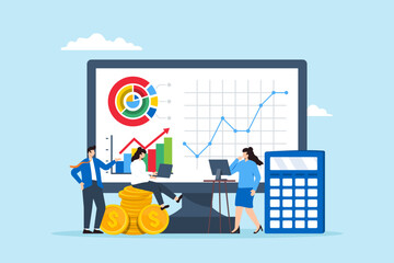 Business people work with financial dashboard and calculator, illustrating data analysis. Concept of financial management, accounting, monitoring corporate revenue, investment profits, taxes, budgets