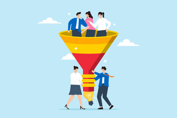 People in sales and marketing funnel with lightbulb outcome, illustrating sales conversion. Concept of managing employees or teams, brainstorming for new ideas, and pipeline of customer purchases