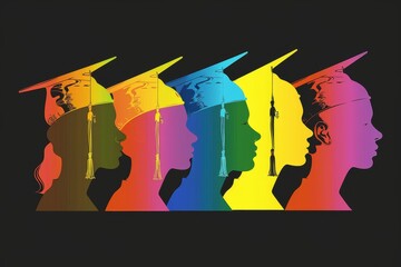 A silhouette of students wearing graduation caps in various colors, representing the diversity and richness within education Generative AI