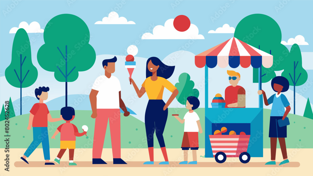 Poster a peaceful park setting with families enjoying a sunny afternoon while enjoying an array of red whit