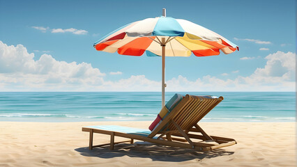 Obraz premium A tranquil and inviting scene with a single beach chair and a colorful umbrella set on a pristine sandy beach stretching to the horizon