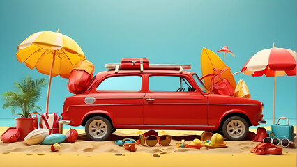 A retro beach scene with a classic red car loaded with surfing gear and beach accessories, ready for a summer adventure by the seaside