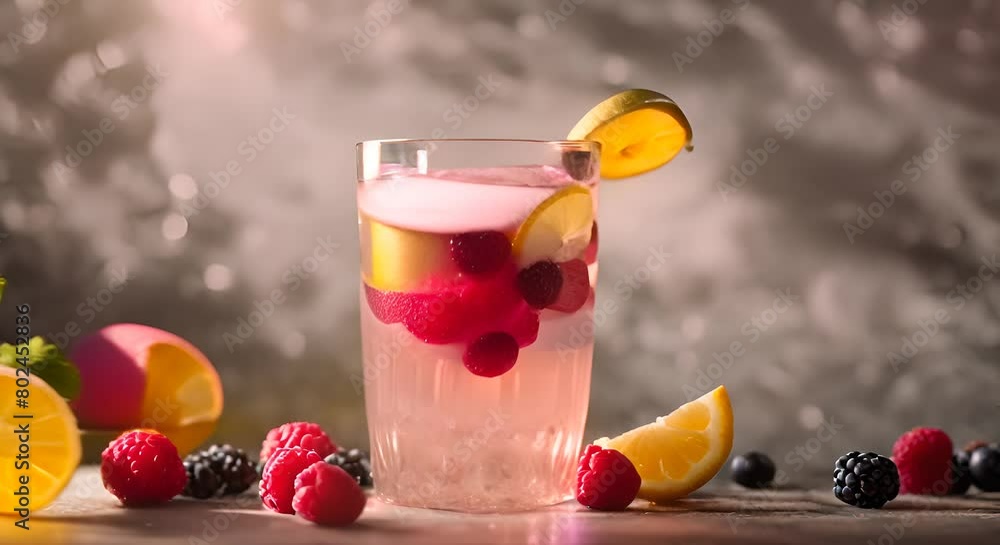 Poster spring or summer refreshing cold cocktail or mocktail with berries and lemon raspberry lemonade bein