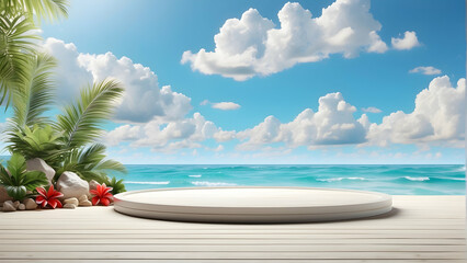 Fototapeta premium A serene 3D rendered image depicting an idyllic tropical beach with fluffy clouds, a circular wooden platform, and vibrant blue ocean