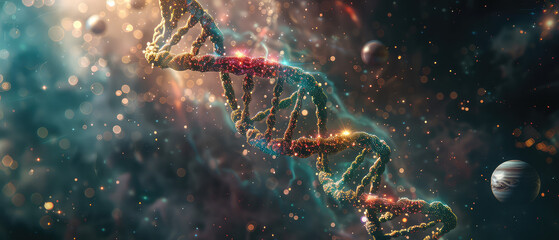 Colorful DNA strand with sparkles in space