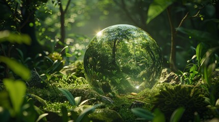 Glass globe encircled by verdant forest flora, symbolizing nature, environment, sustainability, ESG, and climate change awareness, generative ai hyper realistic 
