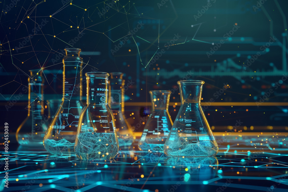 Poster a computer generated image of three beakers with a green and yellow background
