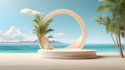 Obraz premium A peaceful and minimalist archway podium on a beach, providing a romantic and tranquil setting with a picturesque ocean view, perfect for weddings