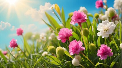Fototapeta premium Vivid image of assorted bright flowers blooming in sunlight with a vibrant green background