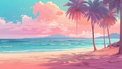 Fototapeta na wymiar A beautifully illustrated tropical beach scene with palm trees basking in the warm glow of a pastel-hued sunset, ideal for travel themes