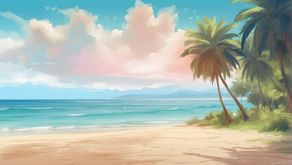 Obraz premium A picturesque digital illustration of a serene tropical beach, with palm trees, soft sands, and a calm sea under a colorful sky
