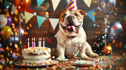 a jubilant dog dons a birthday hat, seated before a cake adorned with candles, set against a light blue backdrop with pink confetti swirling in the air. - obrazy, fototapety, plakaty