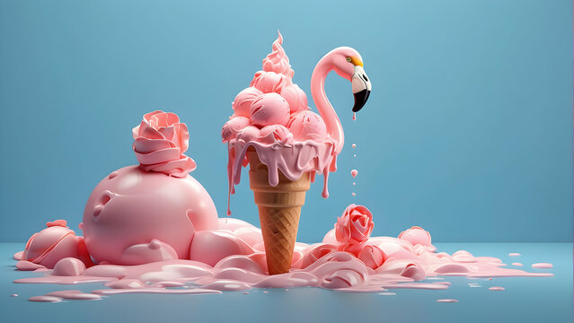 A whimsical composition featuring a pink flamingo merged with melting ice cream surrounded by roses and drips