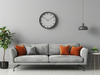 Scandinavian interior design of modern living room, home. Grey sofa with terra cotta pillows against wall with clock. 
