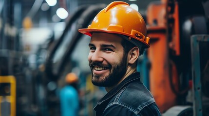 A smiling mechanical worker engineering with hardhat working in factory