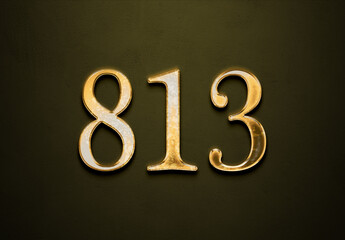 Old gold effect of 813 number with 3D glossy style Mockup.	