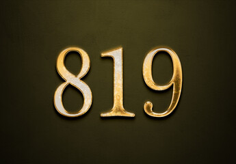 Old gold effect of 819 number with 3D glossy style Mockup.	