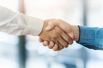 two business people shaking hands on blur office background