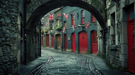 Obraz premium city, as you behold an old stone building boasting vibrant red doors and windows, adorned with British flags and hanging flowers, nestled under a bridge at street level.