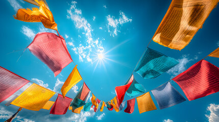 Buddhist prayer flags against the blue sky and sun with clouds