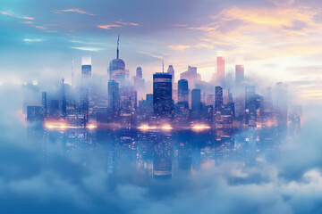 Foggy New York City skyline at sunrise