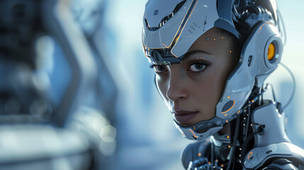 A woman in a white and silver robot suit with a yellow eye