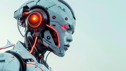 A robot with red eyes and orange ears stands in front of a white background