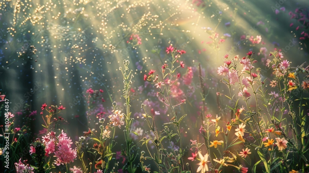 Poster sunbeams filtering through a field of blossoming wildflowers creating a surreal effect..