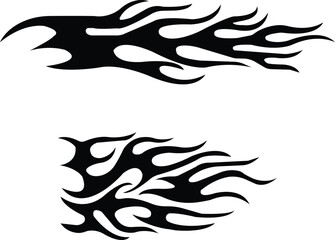 Tribal black fire flames tattoo design. Fire and flaming flat icon set. Contour bonfire, filled flaming elements isolated on transparent background. Hand drawn monochrome vector collection.