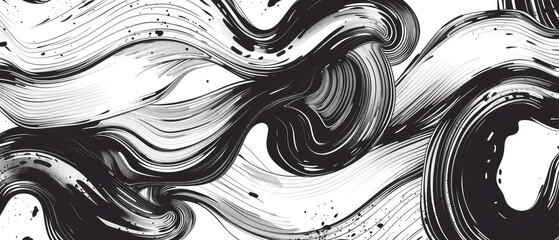 Black and white abstract ink swirls on canvas