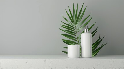 Blank white cosmetic bottle and palm leaves on white background for presentation of cosmetic products