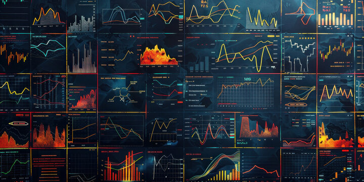 Various types of graphs and charts displayed on a computer screen against a dark background