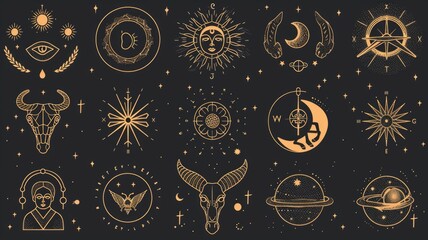 Minimalist designs of zodiac symbols in a monochromatic palette, focusing on clean lines and simple forms, perfect for contemporary graphics or fashion prints