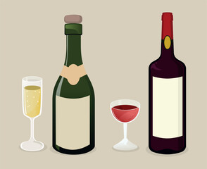 alcoholic beverages - bottle of champagne with a silver foil cap and a label, red wine bottle with a label. A glass filled with white wine. and a second glass, filled with red wine.