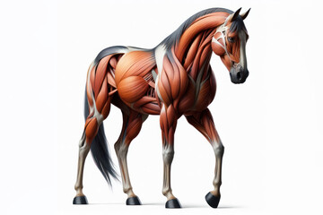 horse anatomy showing body and head, face with muscular system visible on solid white background