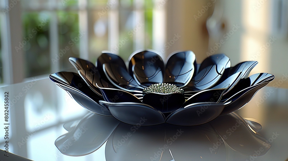 Poster a close-up bowl on a table with a window in the background and a plant centered in it