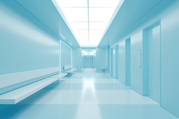 Empty modern hospital corridor with benches