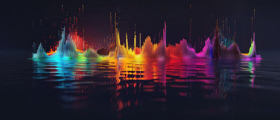Colorful audio spectrum waves with water reflection